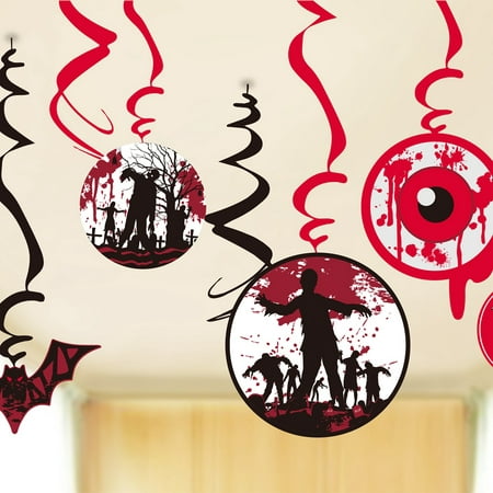 Zombie Zone Hanging Swirls Halloween Party Decorations-14 Piece Set, Red and Black