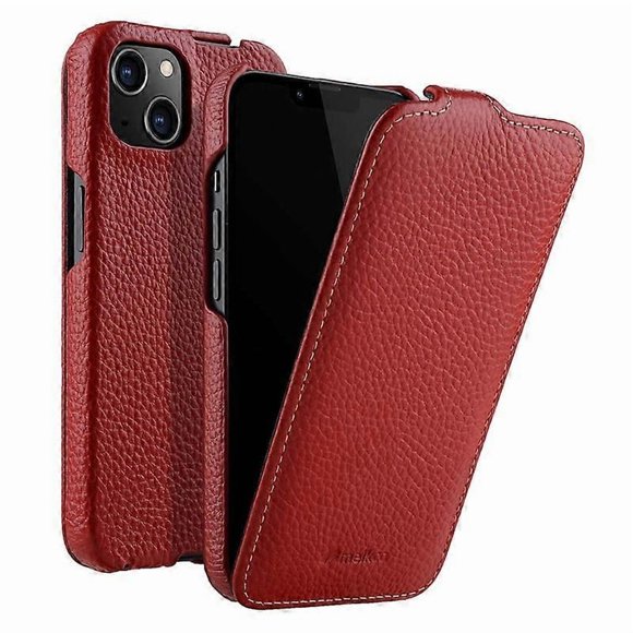MELKCO For iPhone 14 Genuine Cow Leather+PC Shell Vertical Flip Litchi Texture Protection Phone Cove