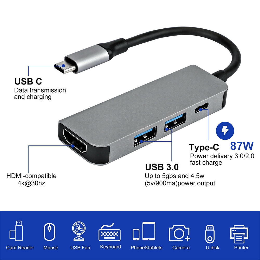 USB C hub, 4K USB C to HDMI, 2 USB C to USB 3.0 and FlashDrive, Type C Hub USB-C power adapter, suitable for Mac Book Pro, Chromebook, Deal XPS and Samsung Galaxy S8/S8+/S9/S9+/Note 8 (4 silver ports)