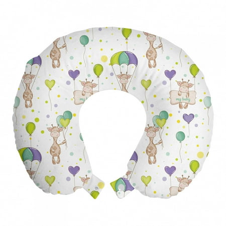 Baby Travel Pillow Neck Rest, Infant Giraffes Flying with Balloons with Polka Dotted Background Newborn Love Hearts, Memory Foam Traveling Accessory Airplane and Car, 12", Multicolor, by Ambesonne