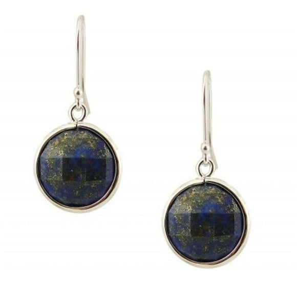 16 mm Sterling Silver Earring Round Chess Cut Lapis Dangle, Blue