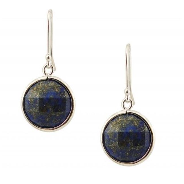 16 mm Sterling Silver Earring Round Chess Cut Lapis Dangle, Blue