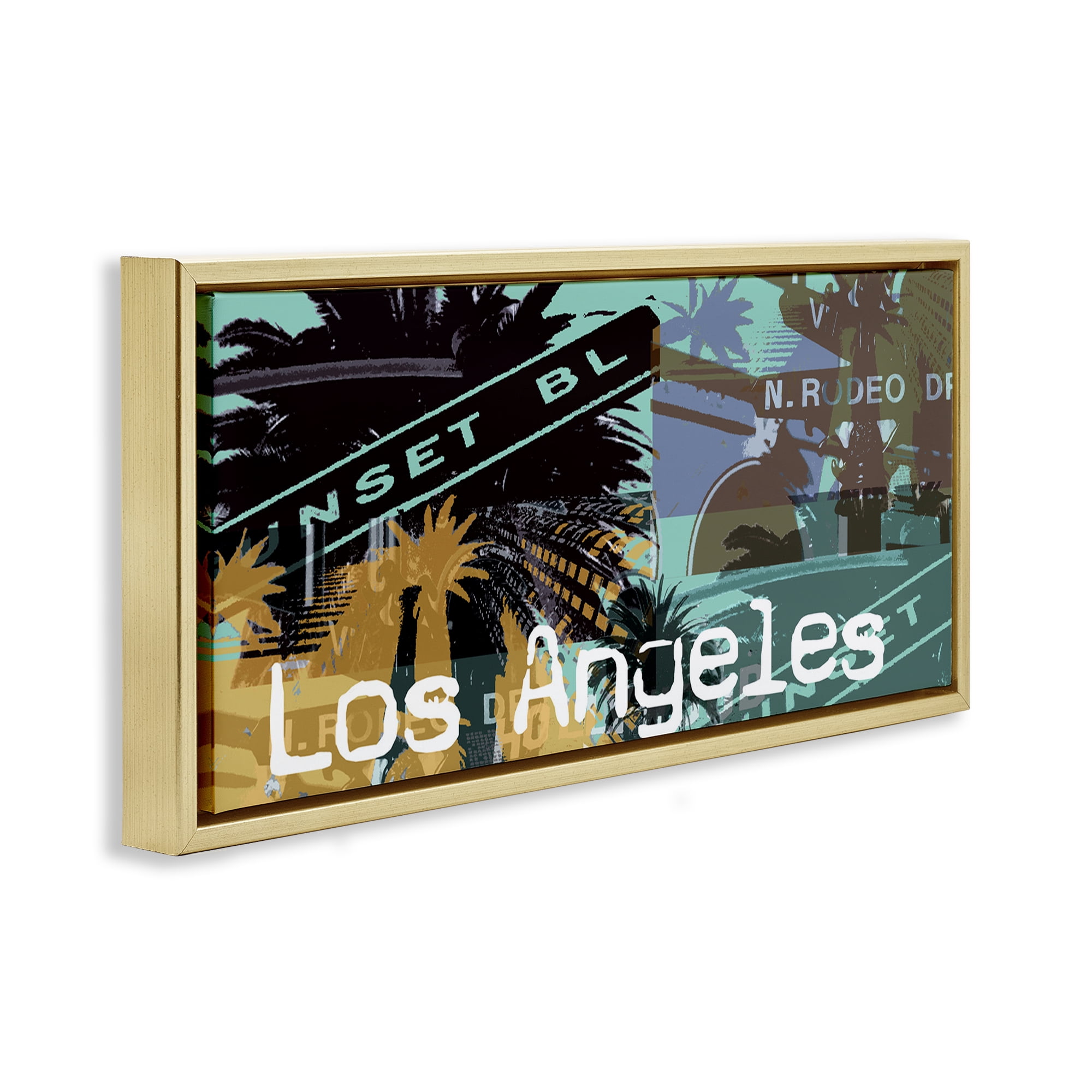 Stupell Industries Los Angeles Travel Collage Town & City Painting Gold Floater Framed Canvas Art Print Wall Art, 31 x 14