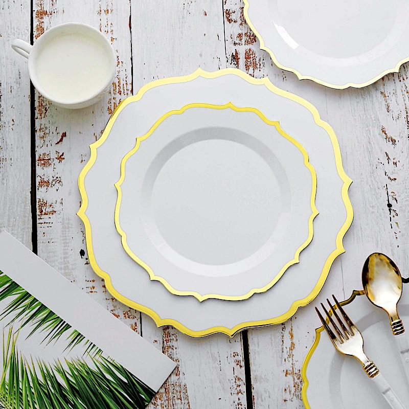 BalsaCircle 10 White 8-Inch Round Plastic Dessert Plates Gold Scalloped ...