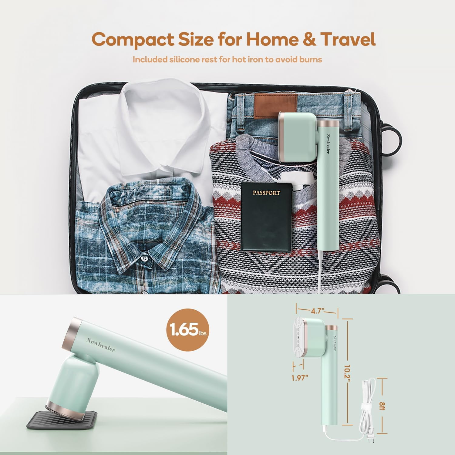 Newbealer Portable Steamer for Clothes, Leak-Proof Handheld Garment Steamer & Iron,15s Fast Heat-up, 120ml Compact Water Tank, Lightweight for Suitcase & Carry-on,Mint Green​