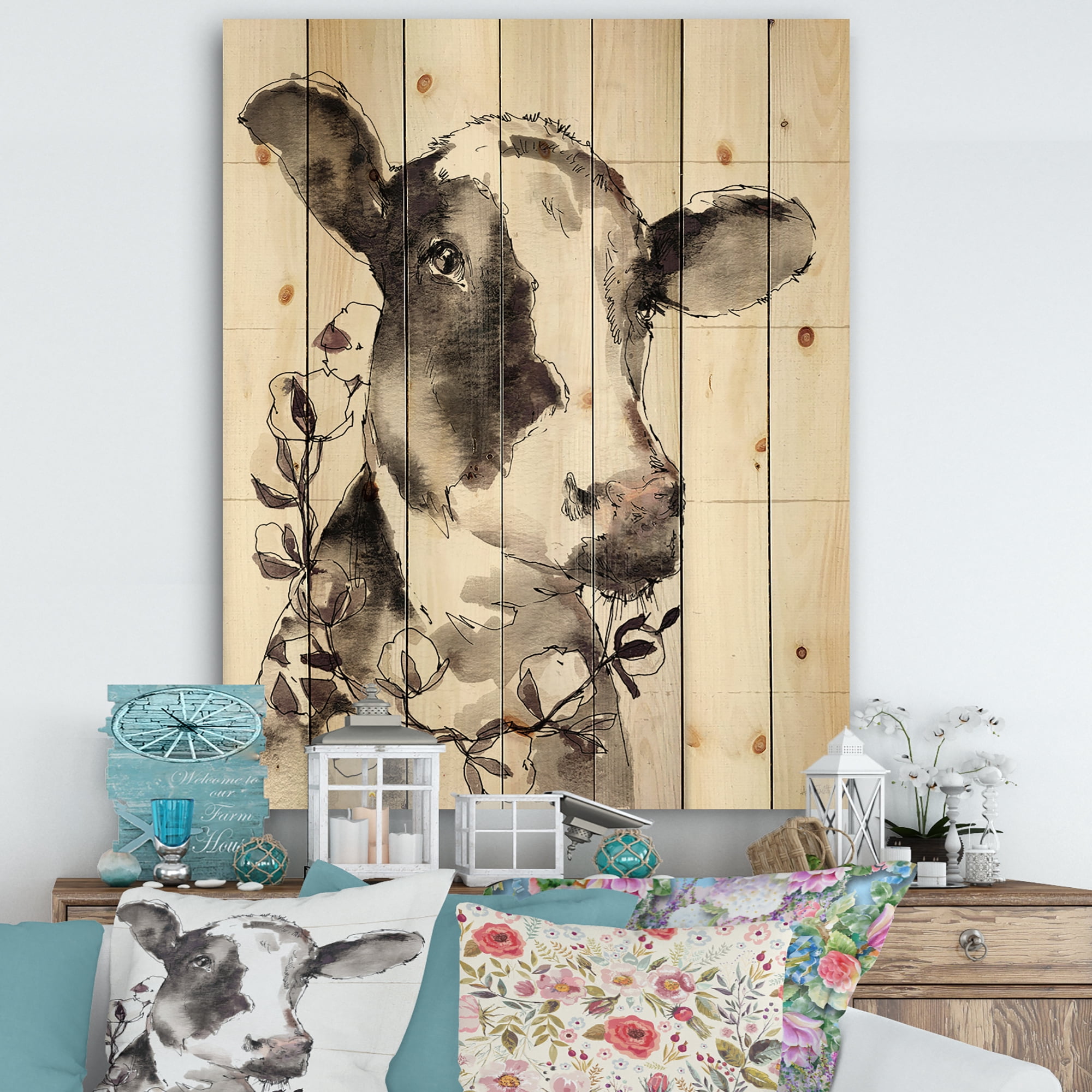 Designart 'Monochrome Cow Portrait Country Life' Wildlife Print on Natural Pine Wood