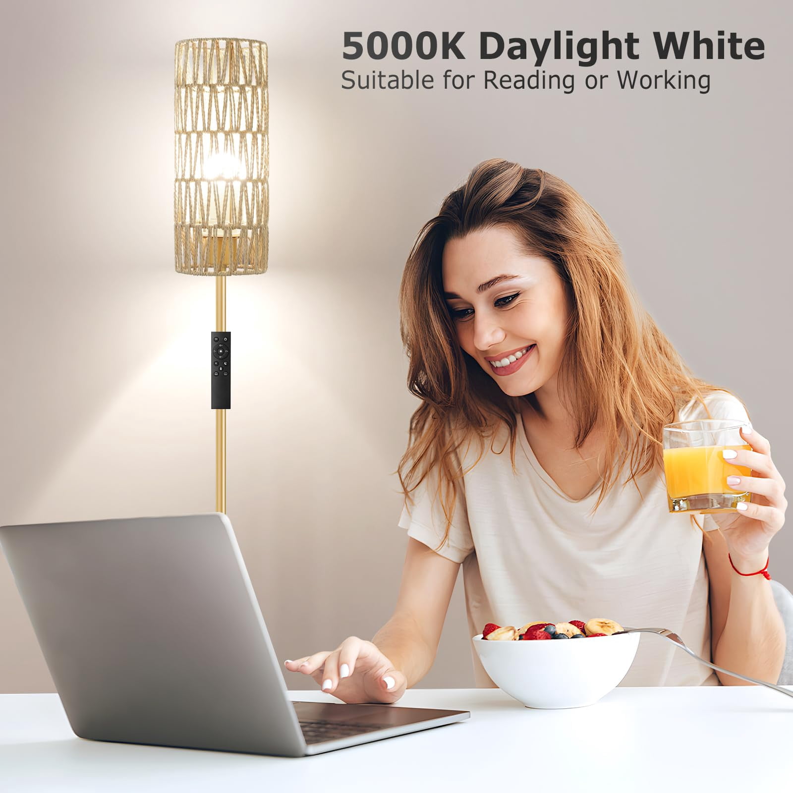 64'' Floor Lamps For Living Room With Remote Control And Stepless Dimmable Colors Temperature & Brightness  Boho Standing Lamp Beige Rattan Shade