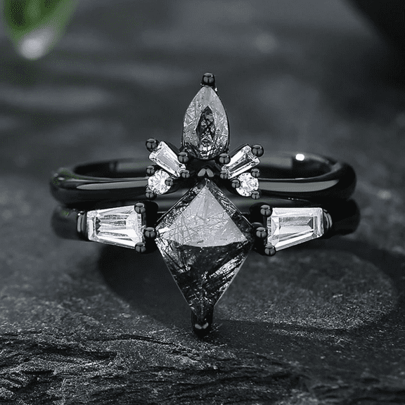 Vintage Black Rutilated Quartz Engagement Ring Set in 14K Black Gold Vermeil- Kite Cut Promise Ring for Women- Unique Bridal Wedding Ring Set