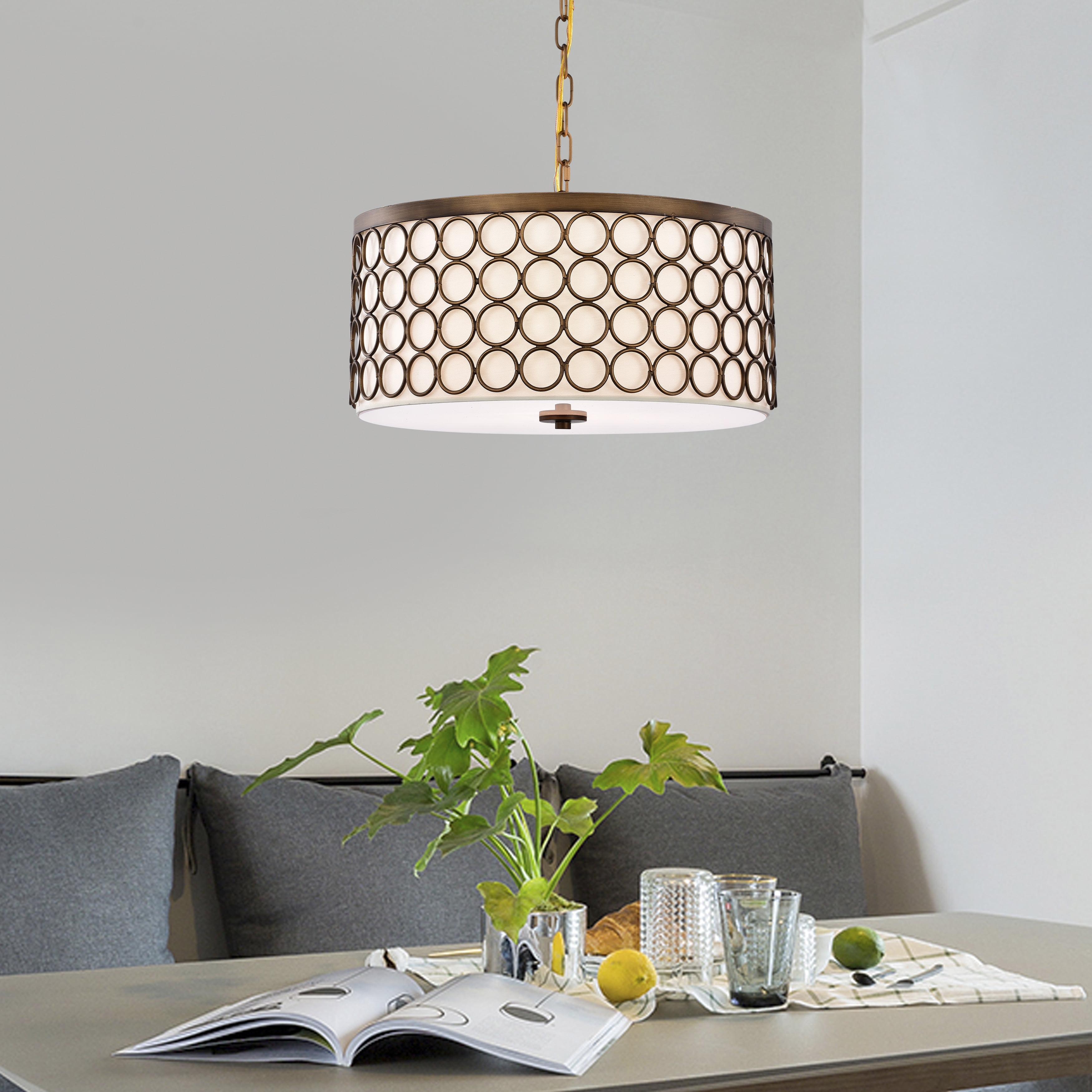 Warehouse of Tiffany Tessa Satin Bronze 3-Light Drum Chandelier with Geometric-Patterned Metal Frame