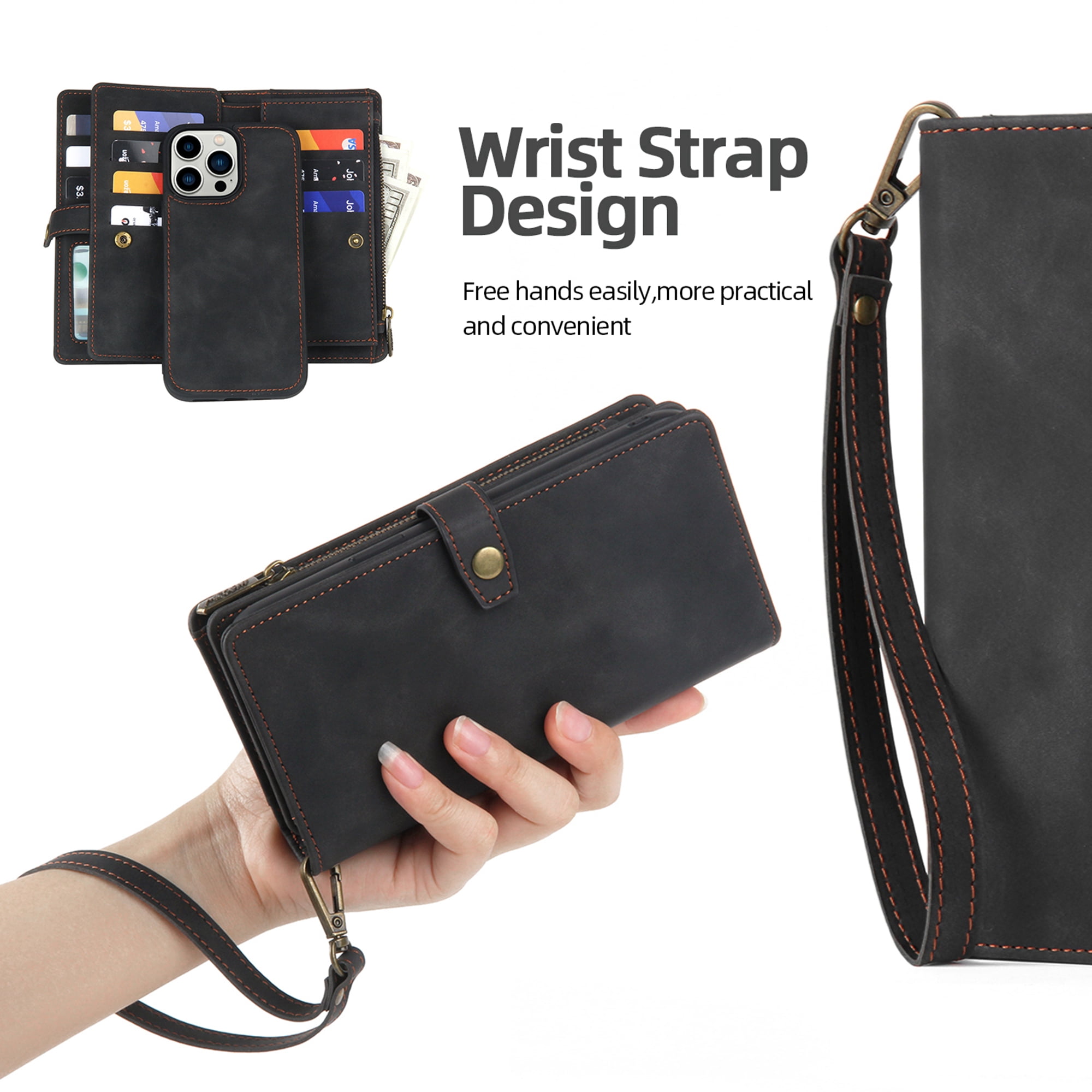 Dteck for iPhone 14 Pro Max Case, iPhone 14 Pro Max Case Wallet for Women Men, Durable PU Leather Magnetic Flip Lanyard Strap Wristlet Zipper Card Holder Phone Cases for iPhone 14 Pro Max,Black