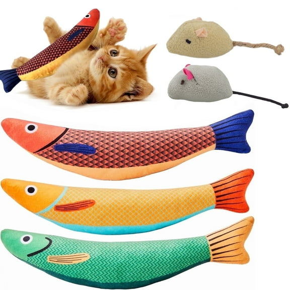 jQMUHLC 3 Pack Cat Toys Saury Fish and 2 Pcs Mice Catnip Cat Toys , Catnip Crinkle Sound, Soft and Durable, Interactive Kitten Kicker for Indoor Kitty Exercise