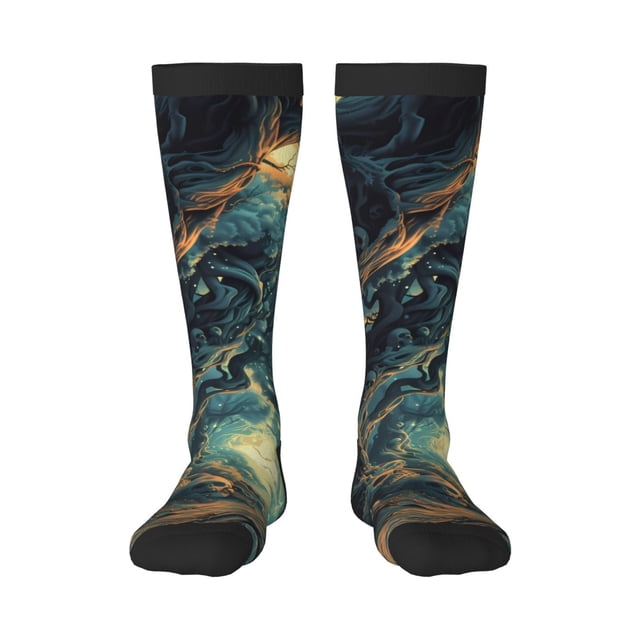 Xecao Enchanted Forest Skull Path Pattern Adult Stockings with Color-Block Design and 3D Print, Breathable Comfortable Hosiery for Daily Wear and Sports