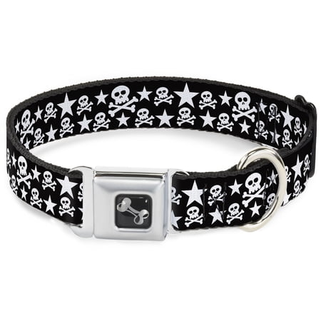 Buckle-Down Pet Collar Dog Collar Metal Seatbelt Buckle Skulls Stars Black White 20 to 31 Inches 1.5 Inch Wide