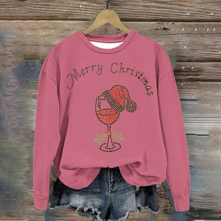 

Muscularfit Crew Neck Womens Fall Tops Tunic Long Sleeve Christmas Pink Wine Glass Loose Fit Comfortable Shirts