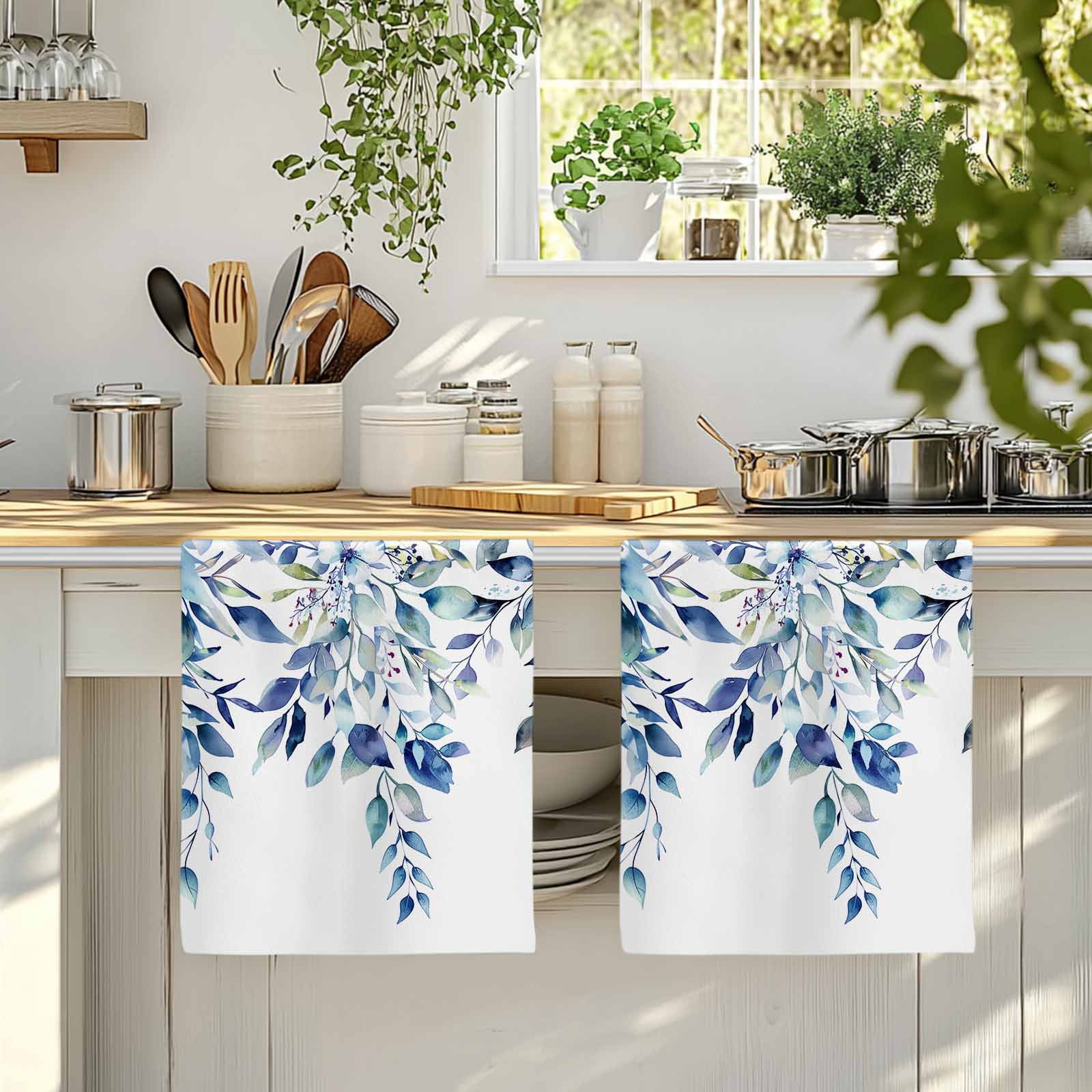 Blue Teal Eucalyptus Leaves Kitchen Towels Set of 2, Watercolor Weeping Botanical Soft Microfiber Dish Towels, Absorbent Washable Dishcloths for Kitchen Cleaning, Drying Dishes, 18x28 Inches