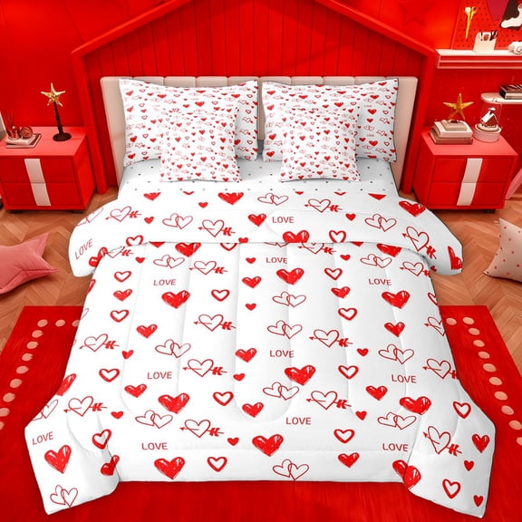 Manfei Graffiti Hearts Loves 7-Piece Twin Bedding Sets,Valentine Gift Bedding Comforter Set,Red White Sheet Sets For Girls Kids,Luxury Bedroom Decor Reversible