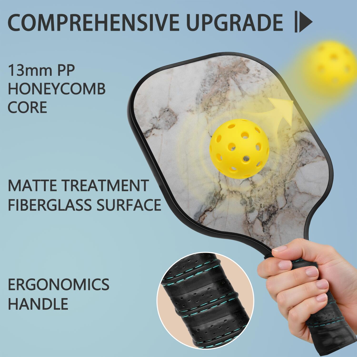 Pickleball Paddles Set Of 2, Fiberglass Surface, Turquoise Marble Pattern, 4 Balls & Bag