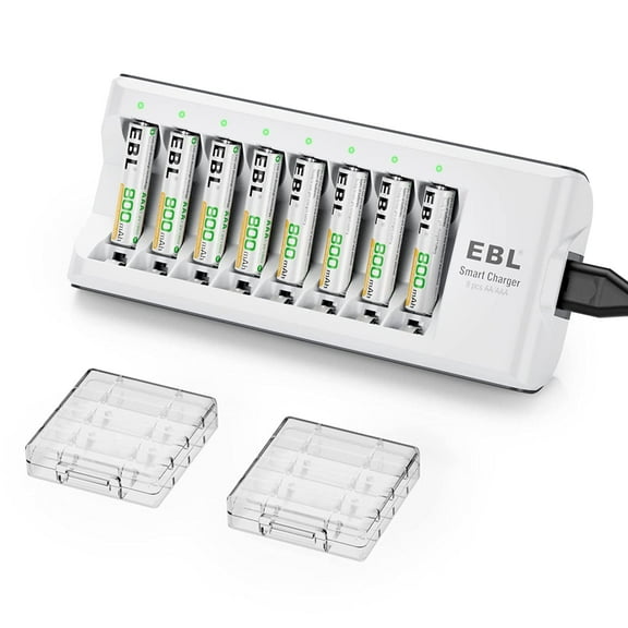 EBL 8 Pack of AAA Batteries NiMH Rechargeable Battery 800mAh with 8-Slot Battery Charger for AA AAA Battery