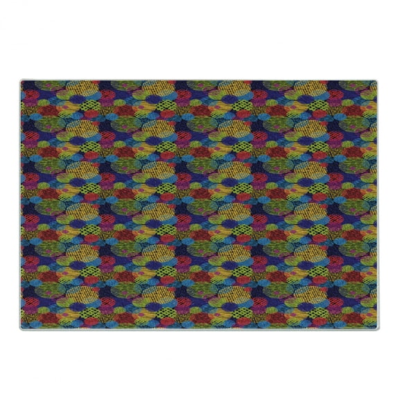 Abstract Cutting Board, Hand Drawn Circles Grunge Style Surreal Designs Checkered Swirled Colorful Pattern, Decorative Tempered Glass Cutting and Serving Board, Small Size, Multicolor, by Ambesonne