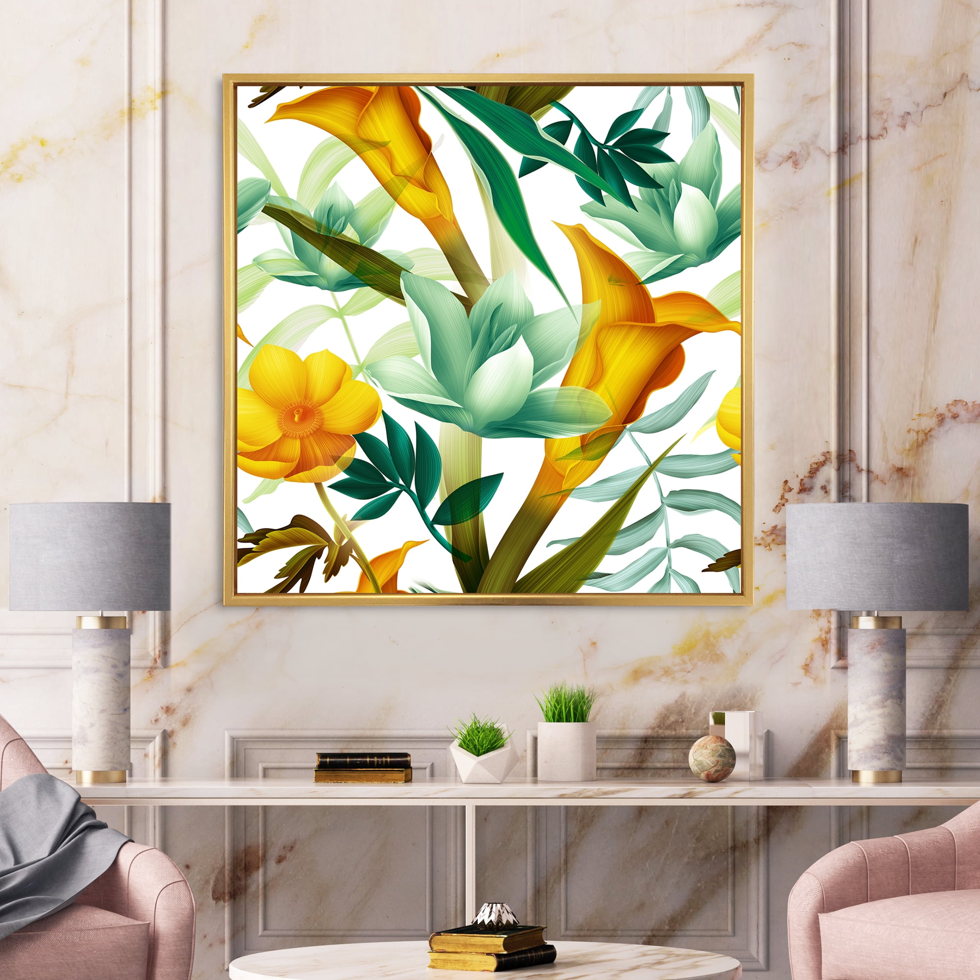 Yellow Flowers and Tropical Foliage III 30 in x 30 in Framed Painting Canvas Art Print, by Designart