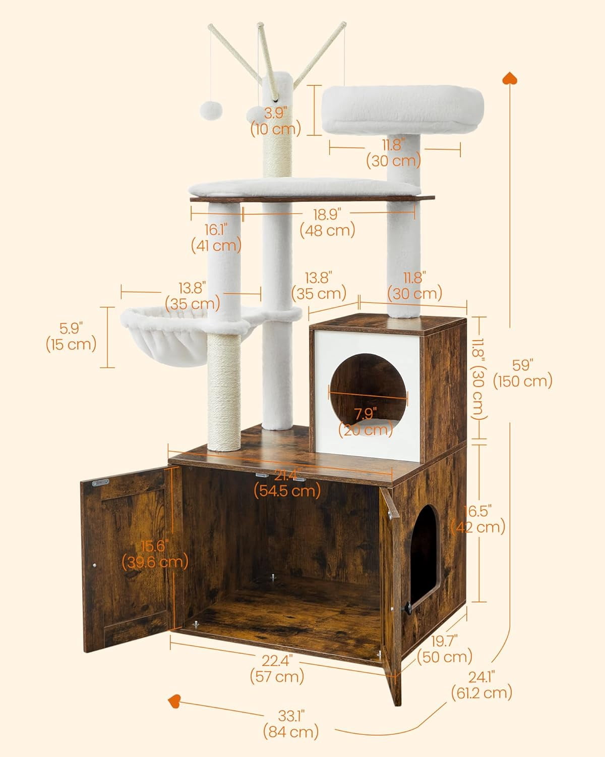 Favory Cat Tree with Litter Box Enclosure, 59-Inch Modern Cat Tower, 2-in-1 Condo with Scratching Posts, Washable Removable Cushion, Rustic Brown UPCT113X01