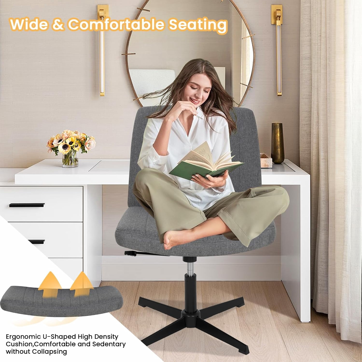 XF XINFENG Criss Cross Task Chair Armless No Wheels Modern Swivel Height Adjustable 250lb Capacity  Ergonomic Desk With Wide Seat Back Computer Vanity Home Office Chairs, Grey