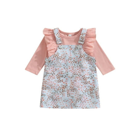 

Peyakidsaa Infant Baby Girl Clothes Set Long Sleeve Ruffle Romper + Leopard Overall Suspender Skirt