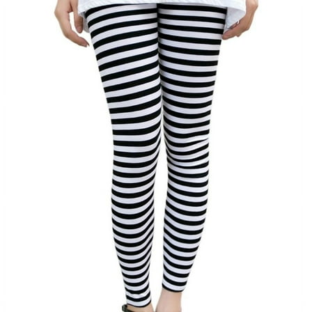 Shinycome Womens Autumn Ankle Length Skinny Leggings Black White Horizontal Striped Printing Pencil Pants Stretch Casual Tights