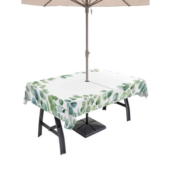 Outdoor Tablecloth with Umbrella Hole and Zipper, Sage Green Eucalyptus Rectangle Table Cloth 52x70 Inch Waterproof Tablecloth, Spring Summer Pastoral Leaves Picnic Table Cover for Patio Camping