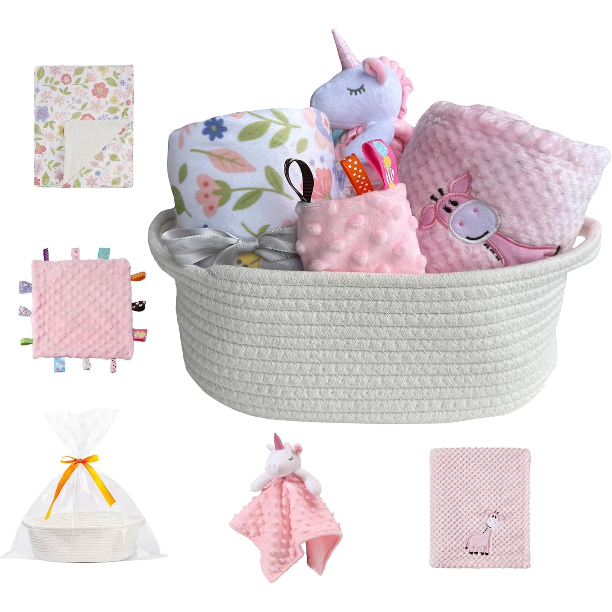 CREVENT Baby Gift Set Storage Basket with 2 Baby Blanket,1 Security Blanket,1 Taggie,1 Gift Bag with Ribbon, Pink, Unisex, 5Items