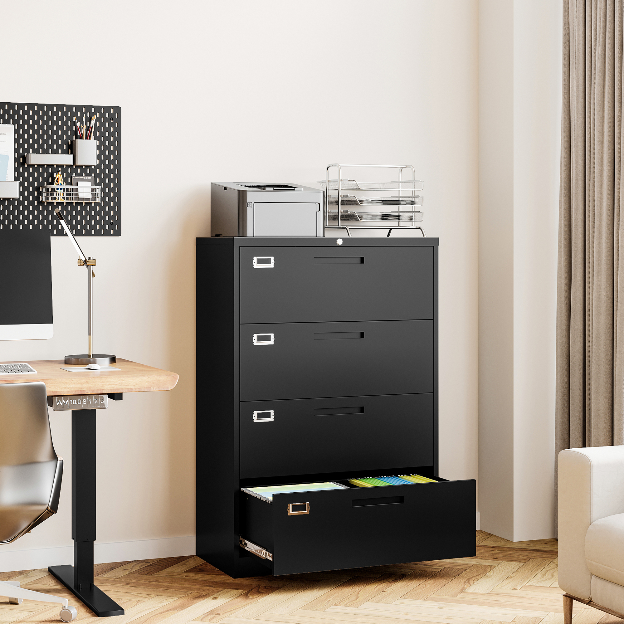 AUHUP 4 Drawer File Cabinet with Lock, Metal Lateral Filing Storage Cabinet Fits Letter/Legal/F4/A4 Size, File Cabinets for Home Office (Black-Assembly Required)
