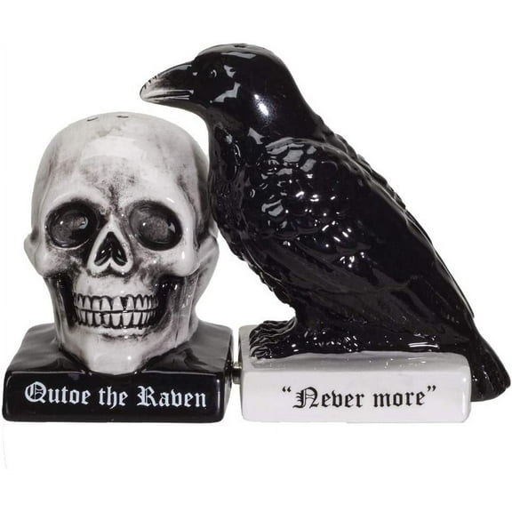 Ceramic Quote The Raven Nevermore Skull Salt And Pepper Shakers Figurine Set