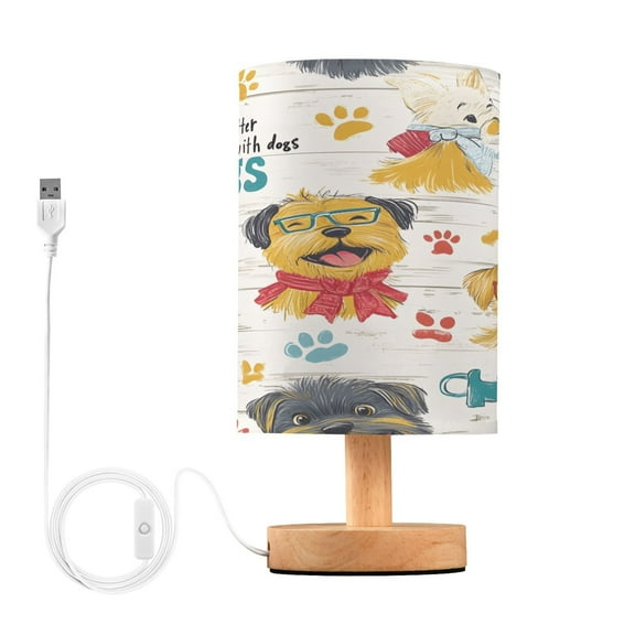 Small Table Lamp LED Bedside Nightstand Lamps with Fabric Shade Decor Desk Lamp for Living Room Bedroom Office Cartoon Dog and Paw