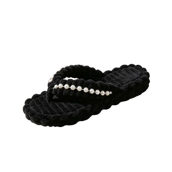 Wensltd Women Flip Flops Striped Plush Upper Flat Soft House Slippers Casual Indoor Shoes for Autumn Winter Wear