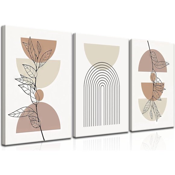 Boho Wall Art Set of 3,Minimalist Framed Mid-Century Modern Geometric Posters Prints,Sun Moon Beige Abstract Botanical Paintings,Boho Neutral Canvas Decor for Living Room Bedroom 12"x16"x3