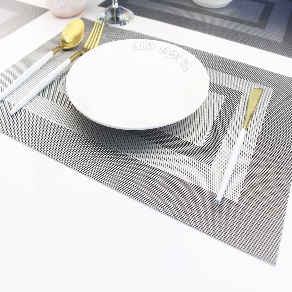Placemats Set of 6,Washable Woven Place Mats Vinyl Table Mats Non Slip Placemats Heat Resistant Durable Placemats for Dining Table (Silver Black)
