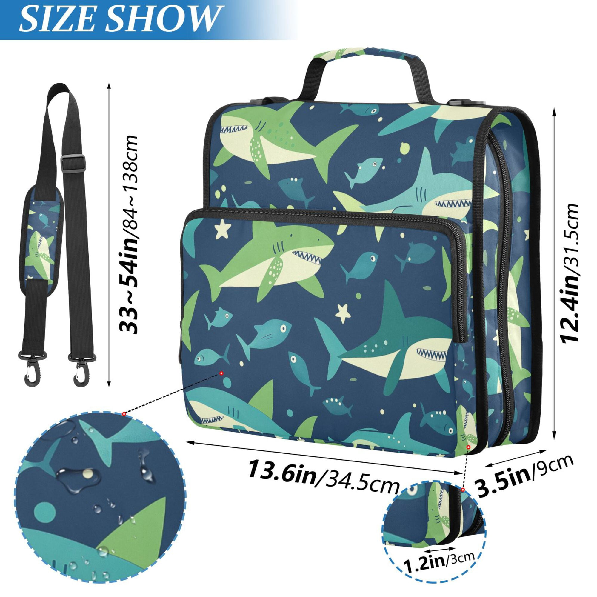 FORMRS Zipper Binder with Shoulder Strap 2-inch Ring 500 Sheet Capacity File Bag, Sharks Pattern
