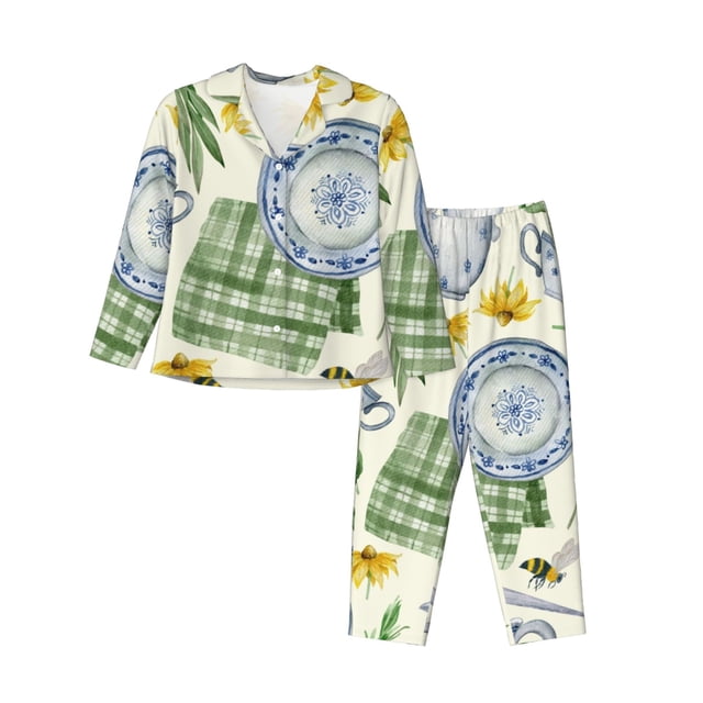Balery Vintage Utensils Conjunto de Pijama con Estampado para Mujer, Conjunto de Dos Piezas con Manga Larga, Ropa de Dormir Suave con Bolsillos, Pijamas Cómodos-Medium