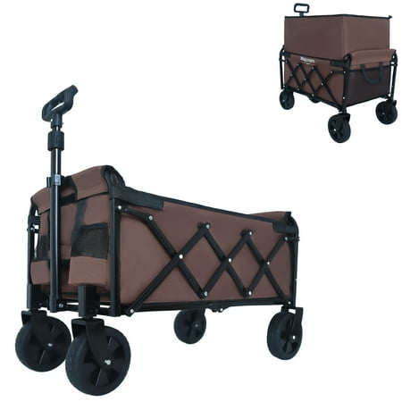 E-Western Expandable Dual-Layer Utility Wagon with Extra Space Portable Garden Cart for Camping Shopping Sports Gardening and Fishing Supports 225 lbs Brown