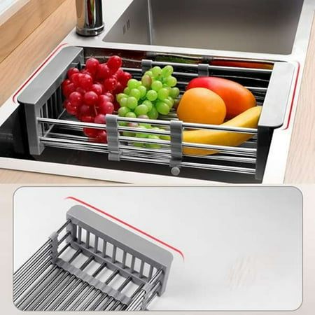 

Stainless Steel Adjustable Telescopic Kitchen Insert Storage Organizer over Sink Dish Drying Rack Vegetable Tray Drain-A