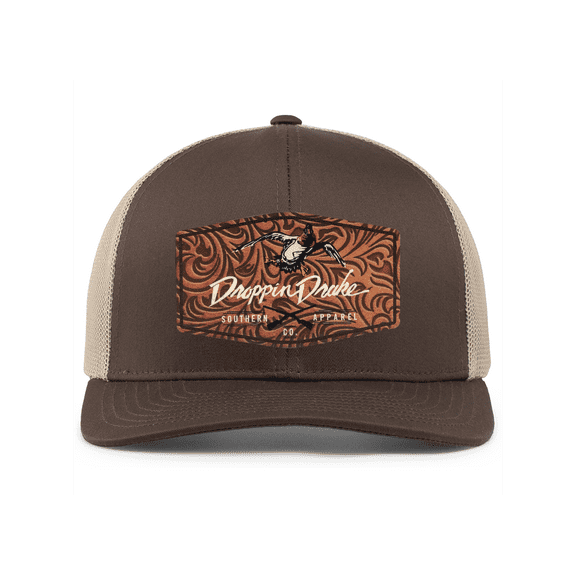 Droppin Drake Mallard Duck and Gun X Leather Patch Trucker Hat – Snapback Mesh Design, Brown/Khaki
