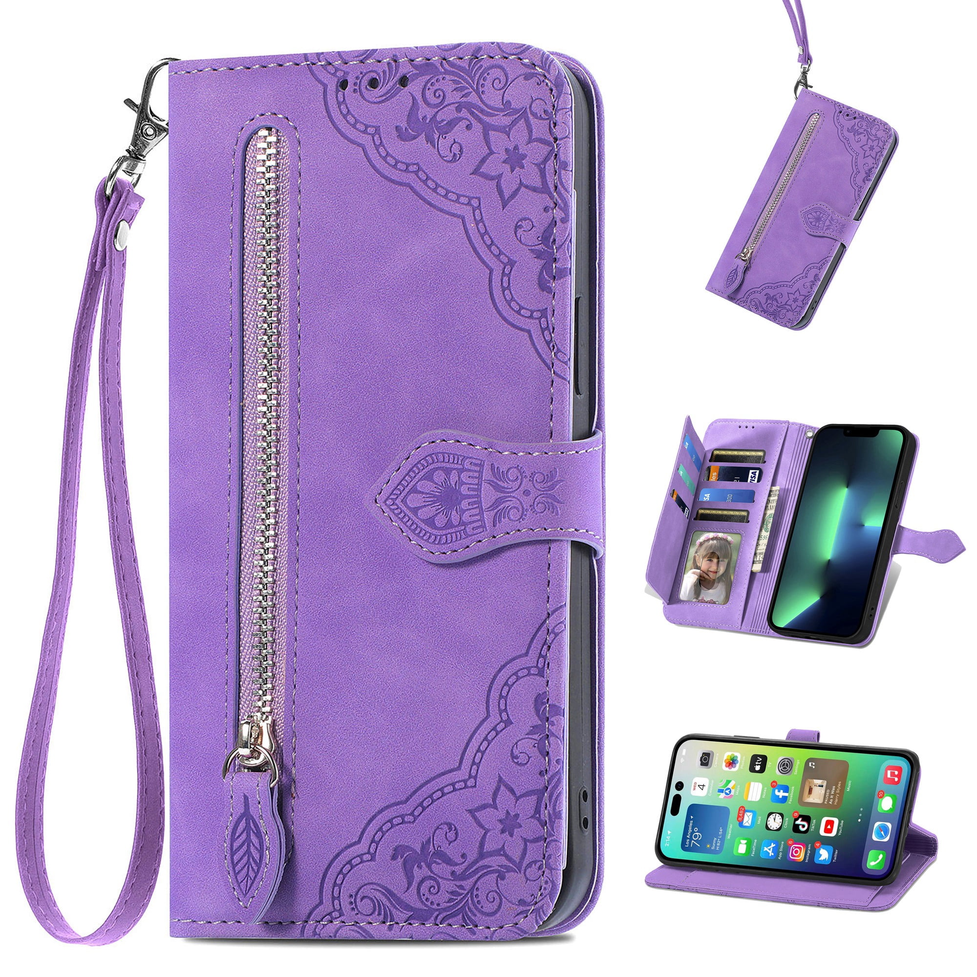 Decase for iPhone XR, iPhone XR Wallet Case for Women Men, Durable Embossed PU Leather Magnetic Flip Zipper Card Holder Phone Case with Wristlet Strap, Purple