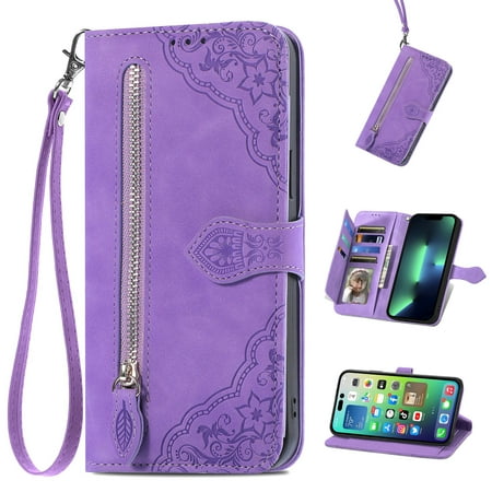 Decase for iPhone 13 Pro Max, iPhone 13 Pro Max Wallet Case for Women Men, Durable Embossed PU Leather Magnetic Flip Zipper Card Holder Phone Case with Wristlet Strap, Purple