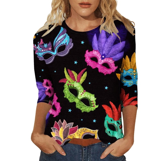 Outfmvch Chemises Mardi Gras pour Femmes, Manches 3/4 Hauts pour Femmes, Tenue Mardi Gras pour Femmes, Blouses pour Femmes, Hauts d'Entraînement pour Femmes, Tunique Graphique de Carnaval Manches 3/4 Col Rond Blouse Gris Foncé S