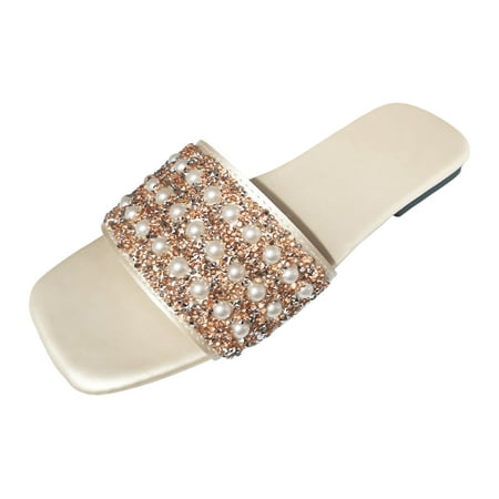 

Womens Sandals Ladies Pearl Colourful Diamond Sequins Square Head Flat Bottom Beach Outer Wear Large Size Sandal Slippers Orthopedic Sandals for Women(Color:Gold Size:US 9)