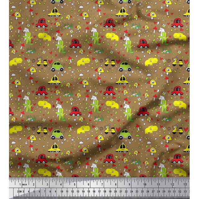 Soimoi Polyester Crepe Fabric Heart,Vehicles & Animals Cartoon Print Sewing Fabric Yard 42 Inch Wide