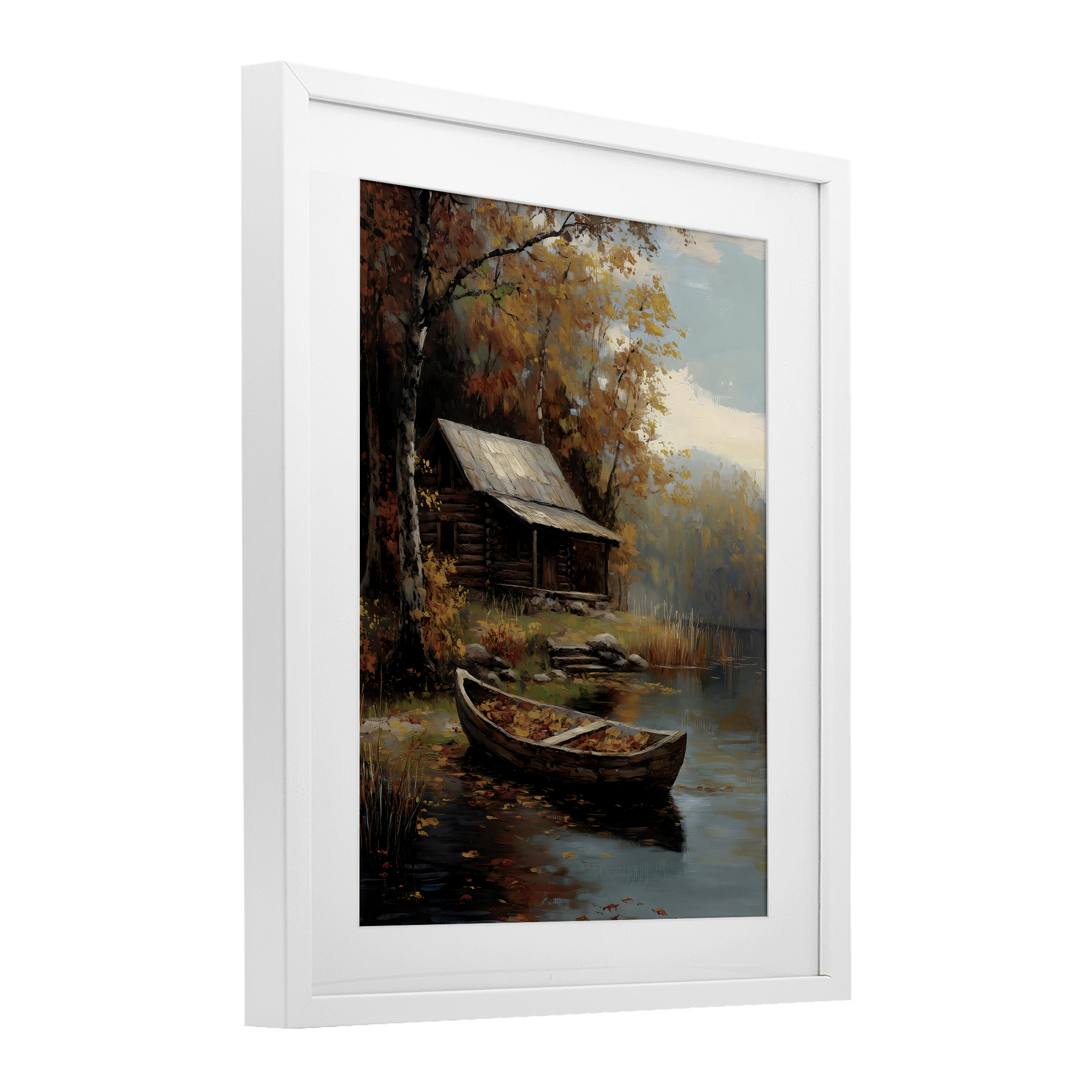 Autumn Cabin Canoe with Leaves White Framed Print Under Glass, design by Arlington Prints