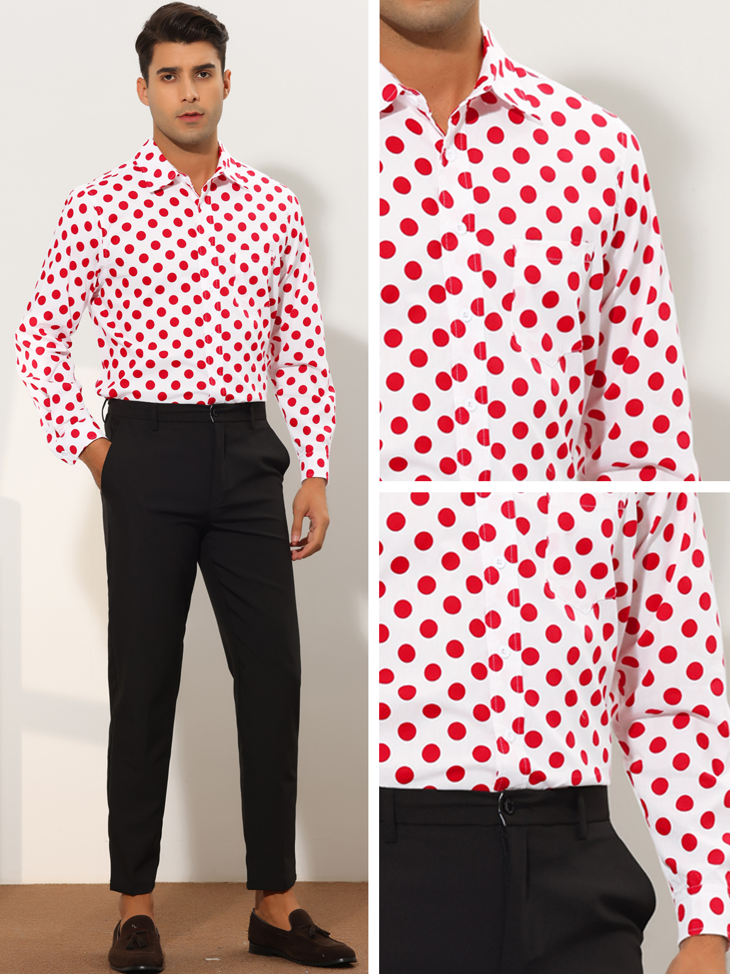 Unique Bargains Men's Polka Dots Dress Shirt Button Down Long Sleeve Casual Shirts 2XL Red