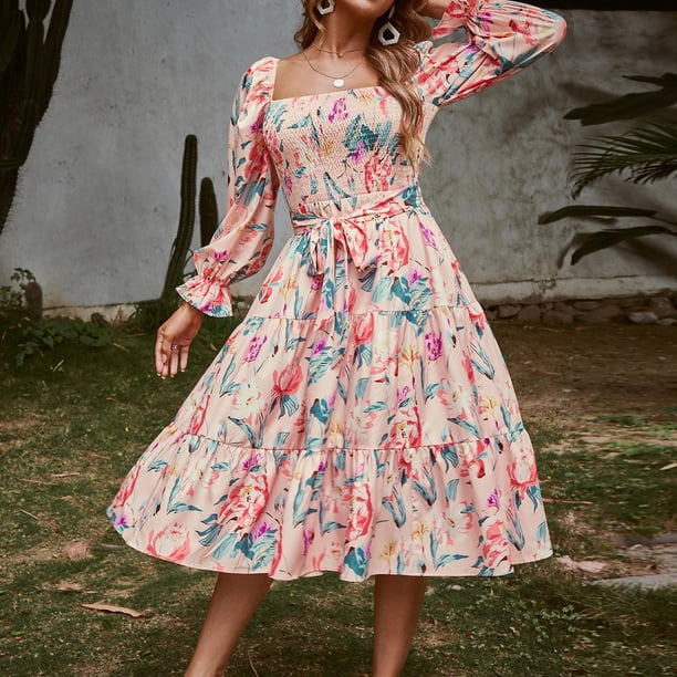 Vestido Vestido de manga acampanada para mujer Vestido largo de verano con estampado floral y espalda abierta Kuymtek Rosa T M para Mujer