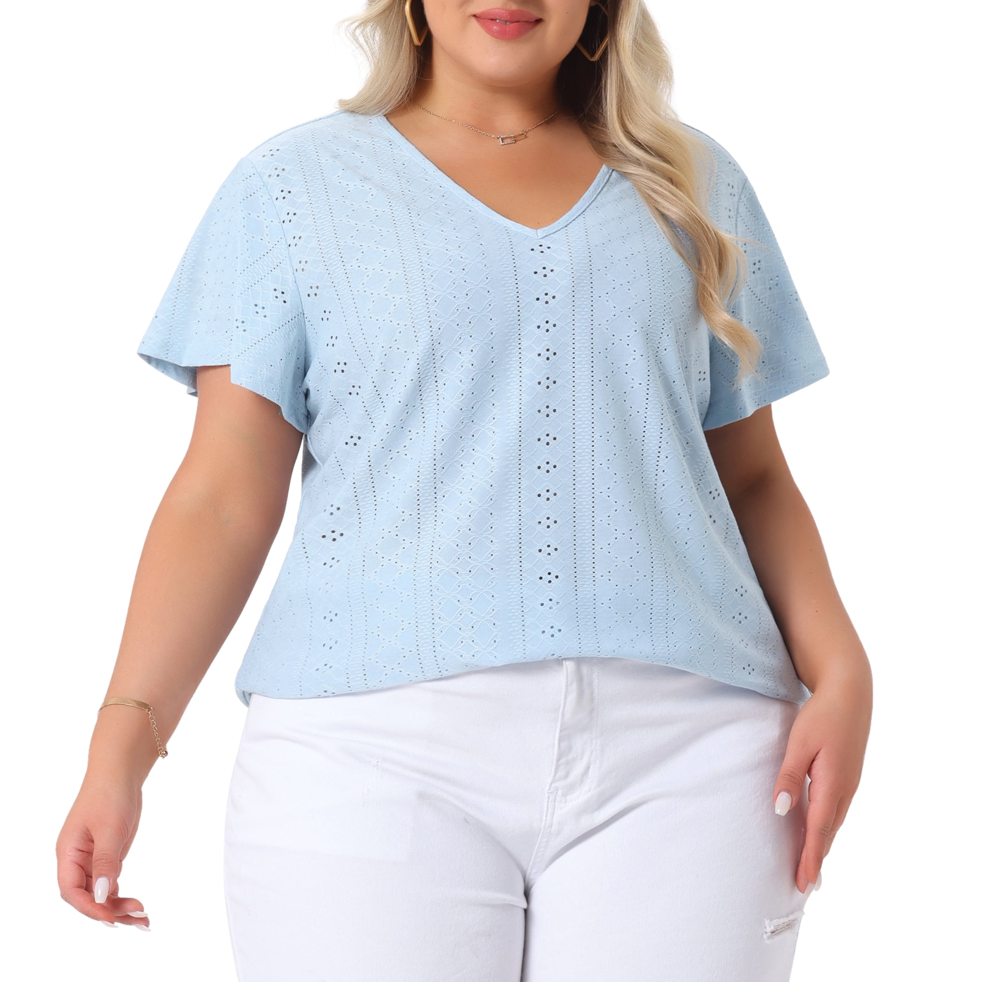 DARING DIVA Women's Plus V Neck Hollow Flare Short Sleeve Top 1X Light Blue